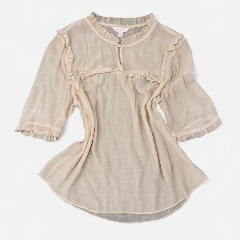 Lauren Conrad vintage style cream blouse with ruffles and bell sleeves Size M